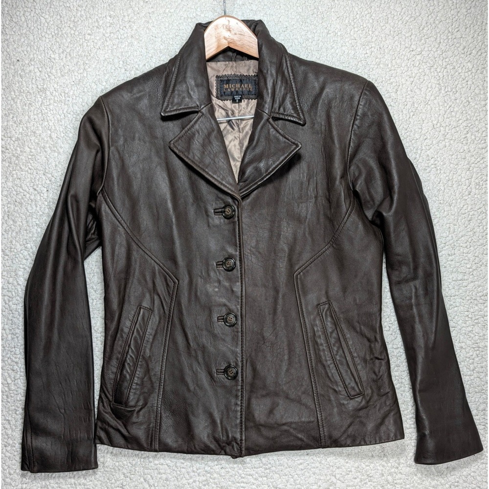 Vintage 80s Michael Lawrence Womens S 100% Leather Jacket Brown Button Blazer